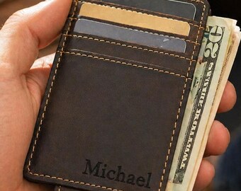 Minimalist Leather Money Clip Wallet for Men, Slim Front Pocket Wallet, Engraved Initial Wallet, Everyday Carry Mens Wallet