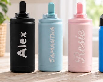 Personalized Kids Water Bottle with Straw, Back to School, 12 oz Stainless Steel Custom Laser Engraved for Boys and Girls, Summer Camp