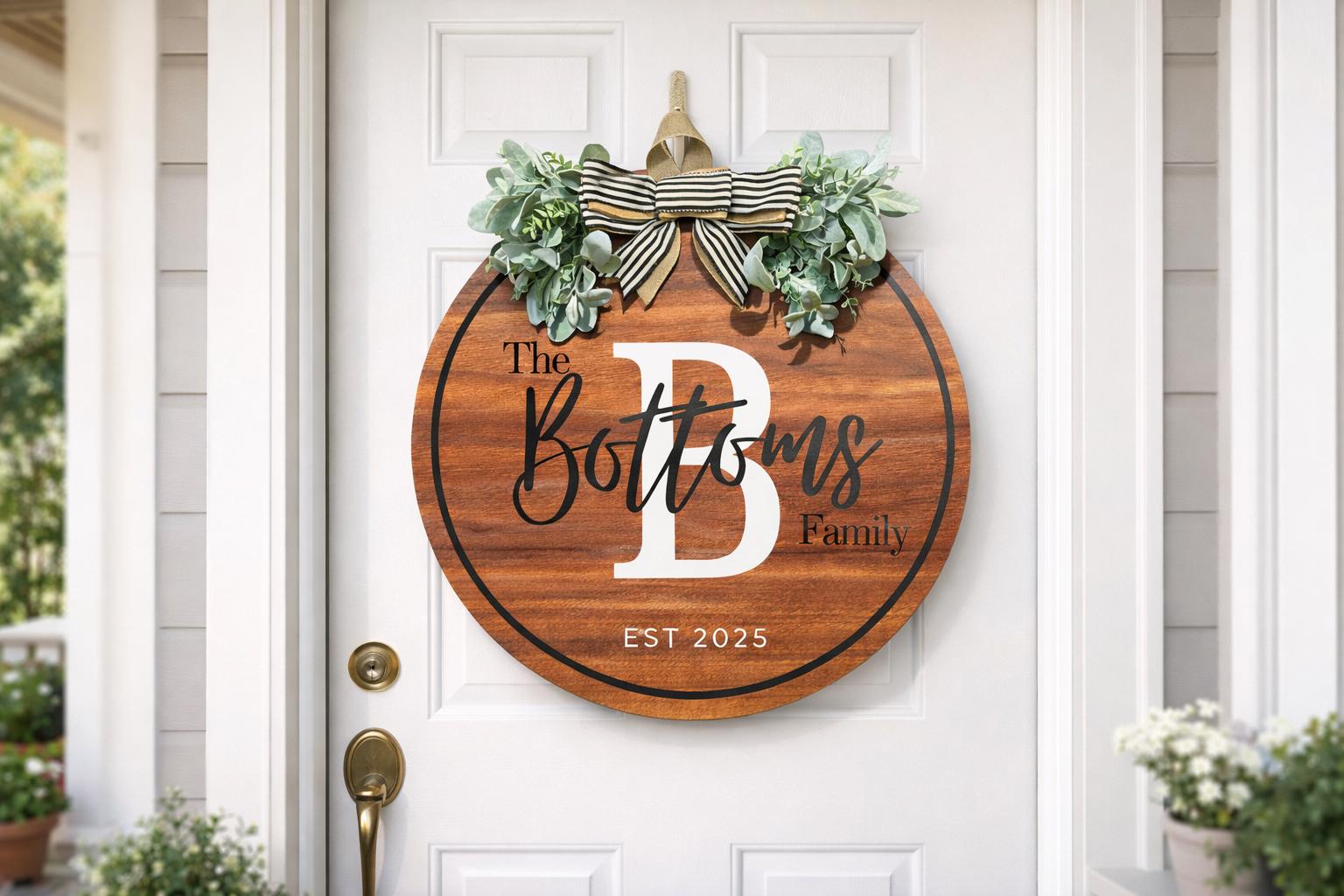 Custom Family Name Door Sign, Personalized Last Name Round Wood Sign ...