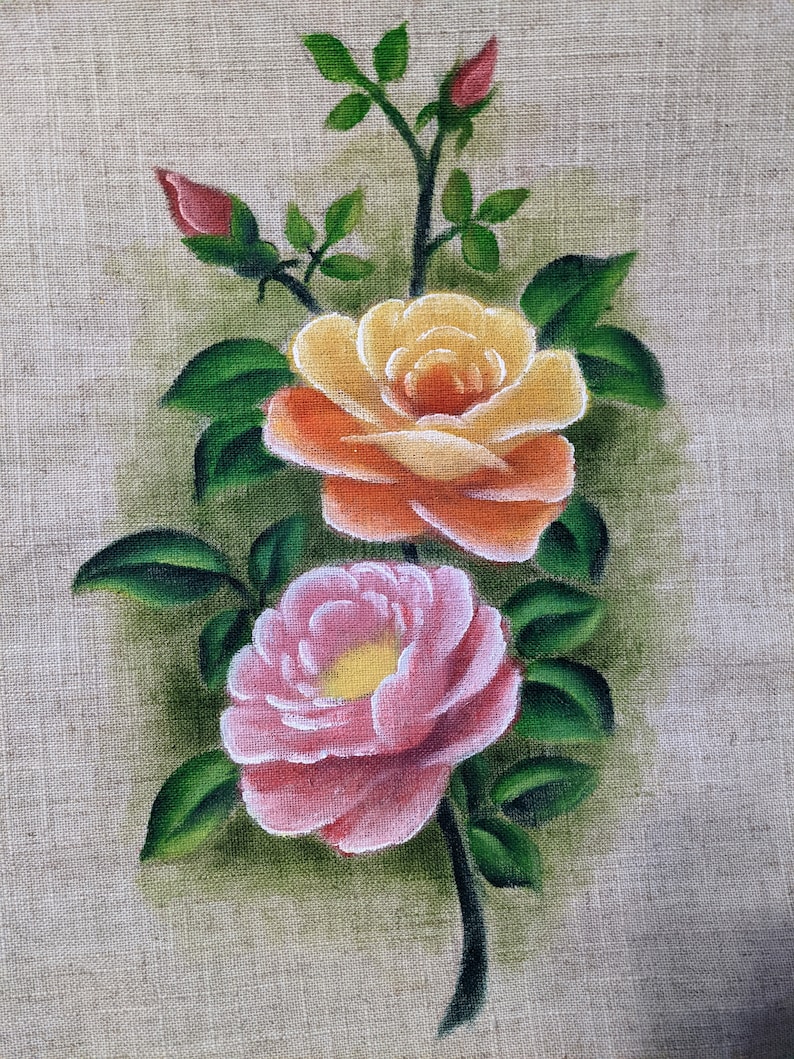 May include: An oil painting of two roses in full bloom, one peach and orange, the other pink with a yellow center. Green leaves and buds accent the flowers against a neutral background.