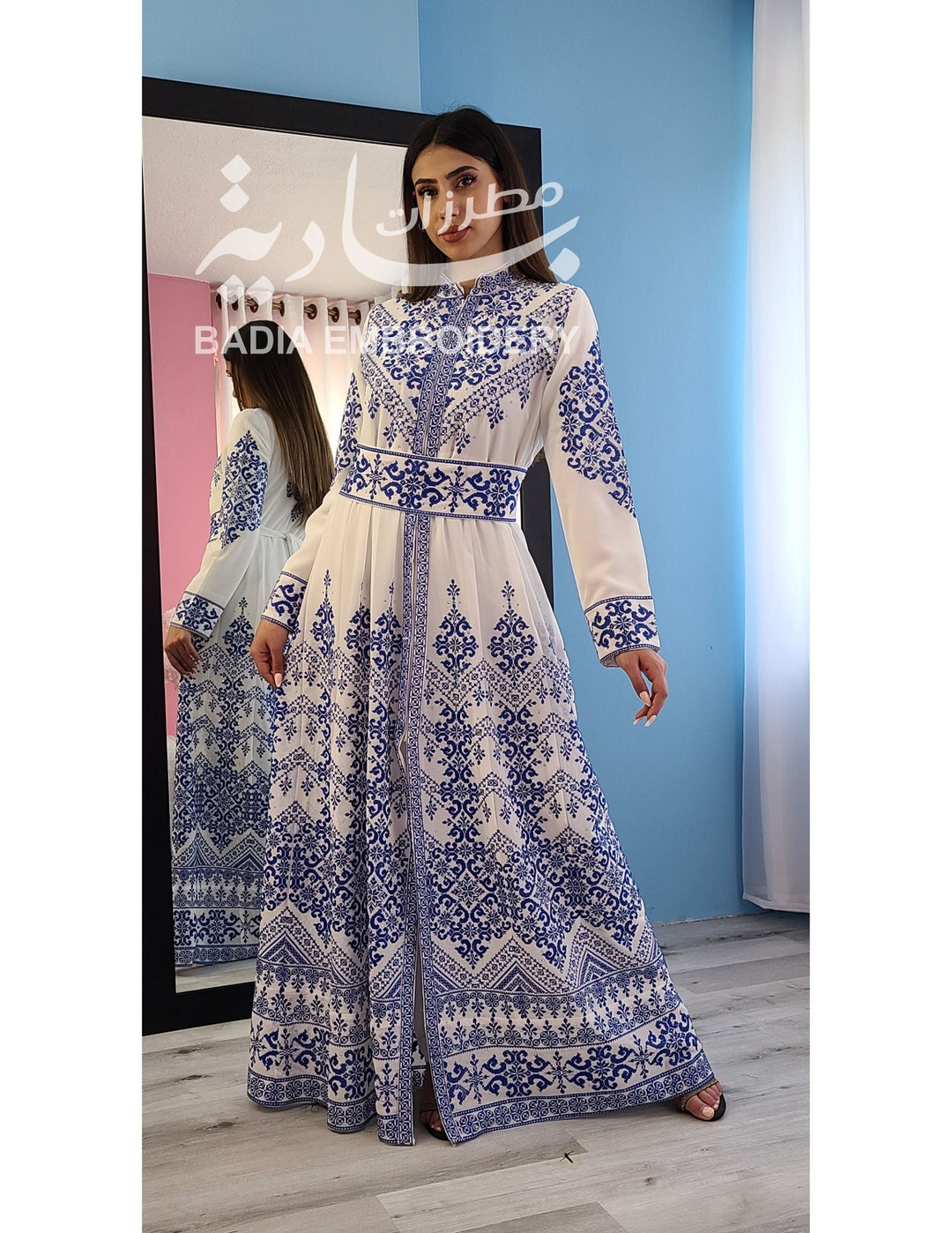 Elegant Blue & White Palestinian Kaftan Thobe Dress / Palestine Embroidery / Palestinian Dress