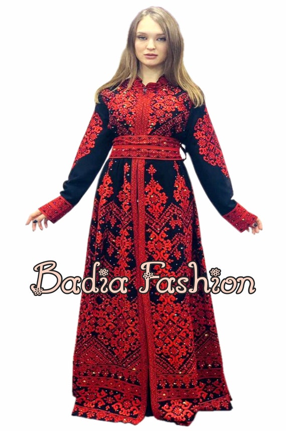 Long Embroidery Dress Palestinian Heritage Thobe Open ABAYA Kaftan Black & Red 