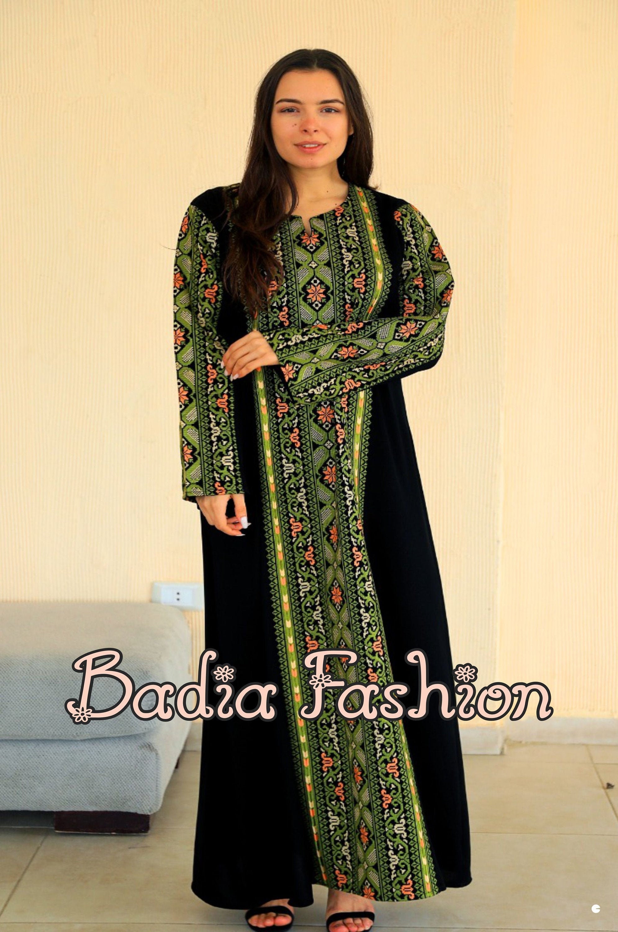 Elegant Green Black Palestinian Thobe Dress Palestine