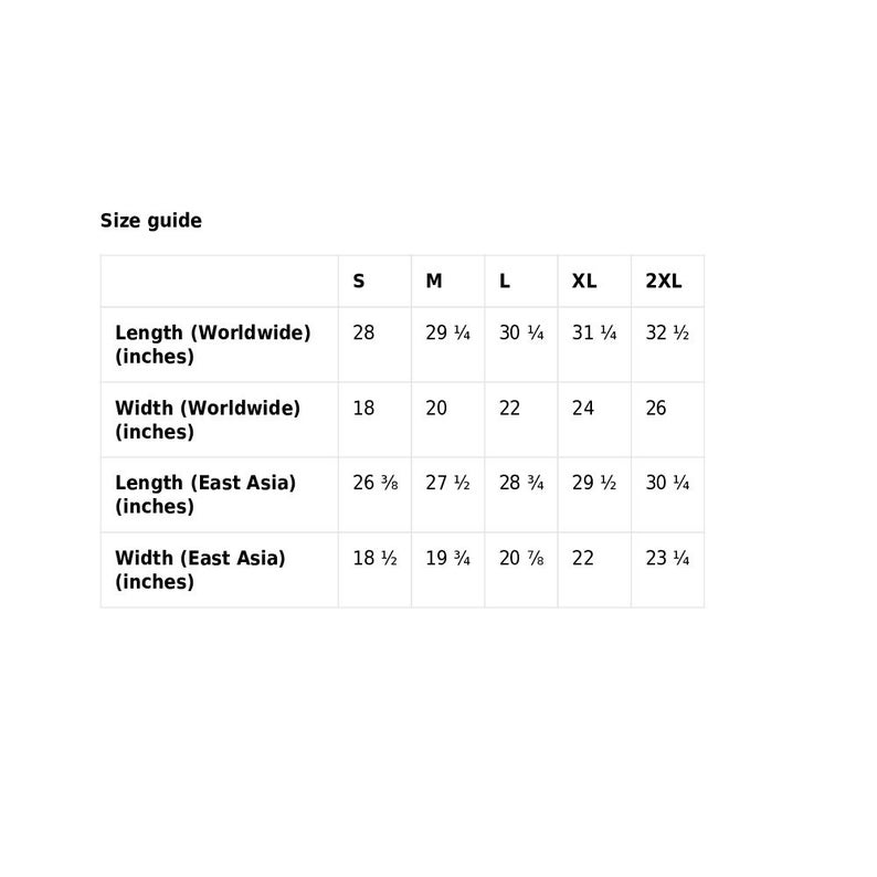 Puede incluir: Una tabla de gu&iacute;a de tallas blanca con medidas en pulgadas para ropa. La tabla incluye tallas S, M, L, XL y 2XL, con medidas de largo y ancho para todo el mundo y Asia Oriental.