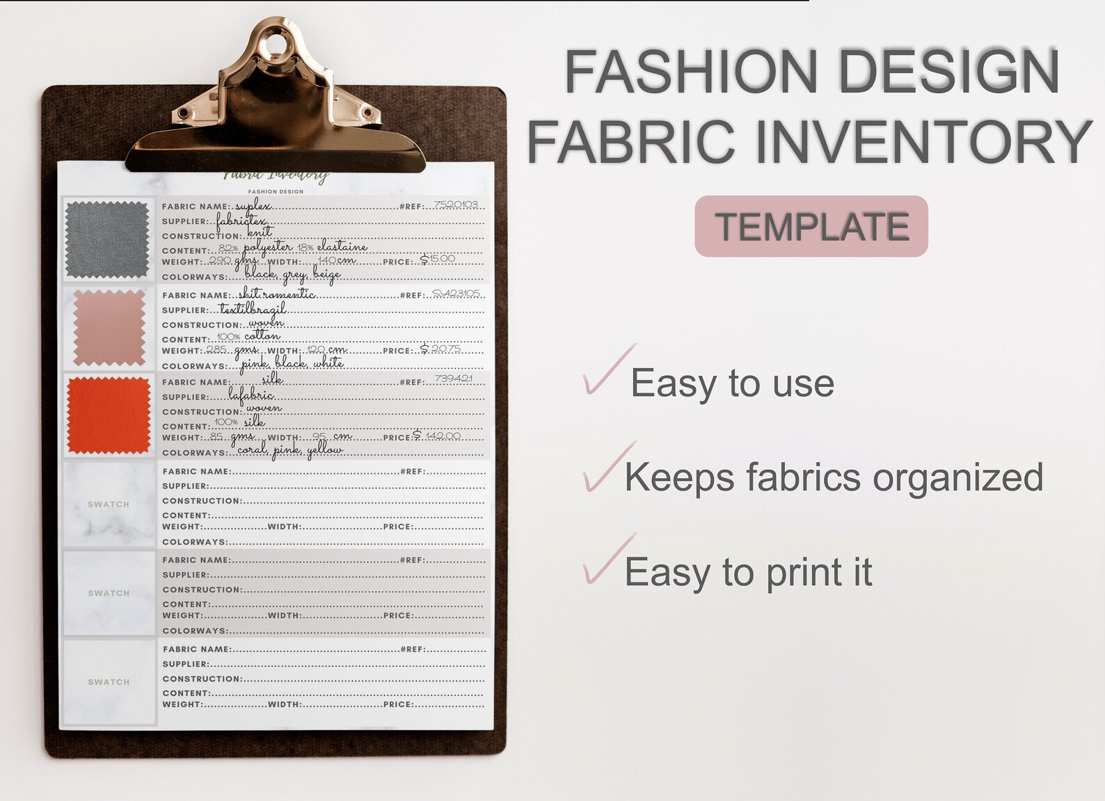 Fabric Inventory Template for Fashion Design Freelancer Etsy