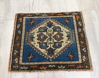 Alfombra cuadrada azul de 1,6 x 2,0 pies, alfombra pequeña vintage, alfombra turca, alfombra Oushak, alfombra decorativa de pared, alfombra bohemia, alfombra hecha a mano, alfombra bohemia, alfombra de lana