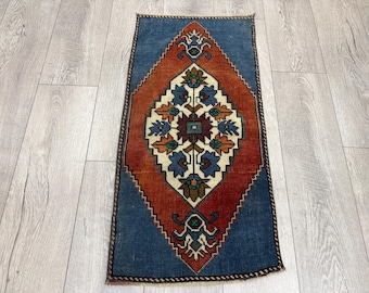 Kleiner Blauer Kelim Teppich: 40x70 cm Vintage Türkische Woll-Fußmatte