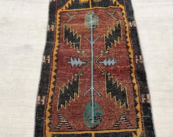 Alfombra pequeña vintage, alfombra Oushak, alfombra tipo felpudo, mini alfombra turca, alfombra oriental, alfombra bohemia, alfombra de lana, alfombra hecha a mano, alfombra antigua, 1,4 x 3,6 pies