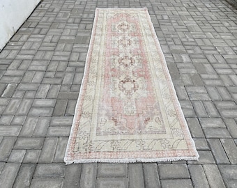 3x9 Vintage Turkish Oushak Rug: Red and Blue Wool Runner