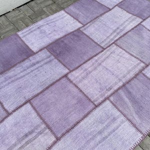 5x7 Vintage Turkish Patchwork Rug: Purple Wool Oushak Rug