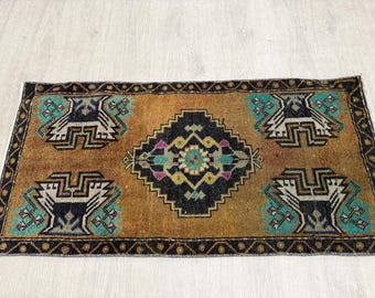 Vintage klein tapijt, antiek tapijt, Turks tapijt, Oushak tapijt, deurmat, keukentapijt, oosters tapijt, Anatolisch tapijt, tapijt van biologische wol, 1,6 x 3,1 ft
