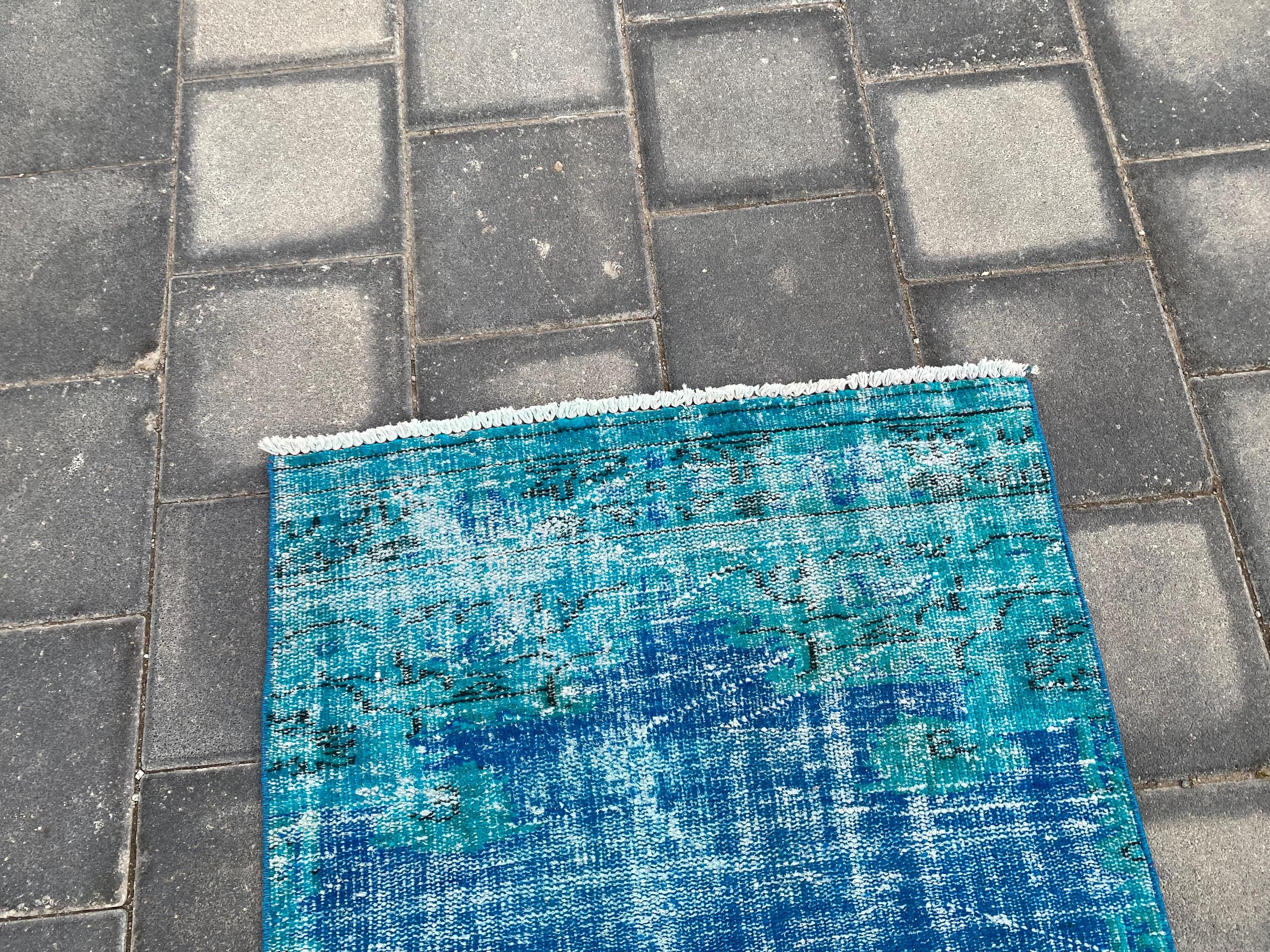 Vintage Turkish Runner Rug 2.9x9.2 Ft, Turquoise Blue Oushak Rug