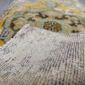 Alfombra pequeña amarilla, alfombra Oushak, alfombra vintage, felpudo, 43 x 90 cm imagen 10