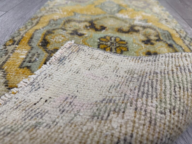 Alfombra pequeña amarilla, alfombra Oushak, alfombra vintage, felpudo, 43 x 90 cm imagen 10
