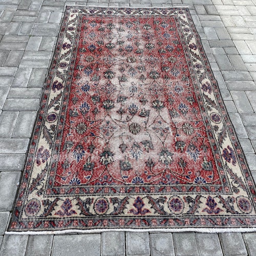3.6 x 6.4 ft, Handmade rug, Turkish rug, Wool rug, Oushak Area rug, Floral rug, Bohemian rug, Antique rug, Pastel rug, Red rug, 110 shops x 196 cm