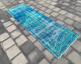 Vintage Turkish Runner Rug 2.9x9.2 Ft, Turquoise Blue Oushak Rug