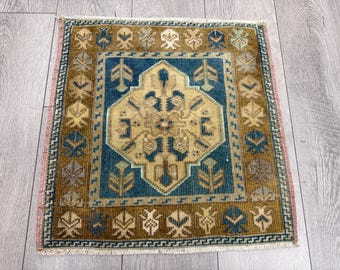 Small Square Vintage Oushak Rug, Handmade Wool Turkish Rug (1.7 x 1.8 ft)