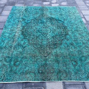 Overdyed rug, Large rug, Living room rug, Turkish rug, Vintage rug, Wool Handmade rug, Geometric rug, Green rug, 6.8 x 8.0 ft = 208 x 244 cm