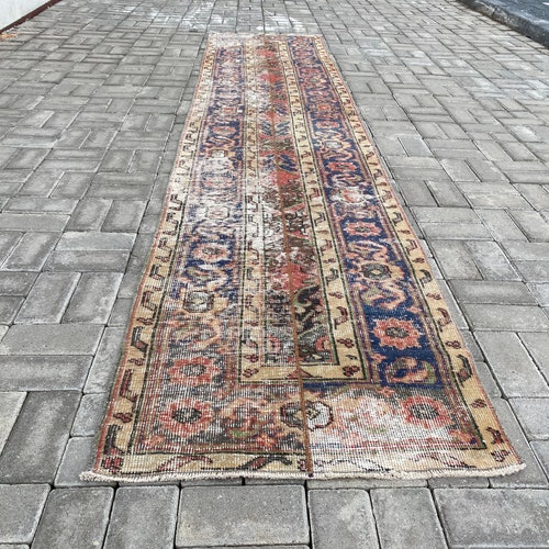 2.4 x 11.5 ft, 80 Years old rug, Runner rug, Antique rug, Vintage rug, Patchwork rug, Turkish rug, Oushak rug, Blue Runner shops rug, 74x350 cm