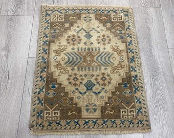 Brown square rug, Vintage rug, Turkish wool rug, Small rug, Mini rug, Bohemian rug, Doormat, Pastel rug, Muted rug, Neutral rug, 1.8x2.2 ft