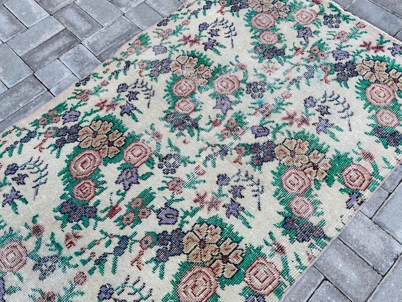 Buy 3x5 Vintage Turkish Rug: Handmade Wool Oushak Floral Rug