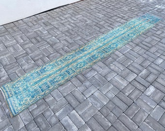 1.6 x 11.5 ft, Blue Runner rug, Wool Runner rug, Turkish Runner rug, Oushak Runner rug, Patchwork Runner rug, Vintage Runner rug, 50x350 cm