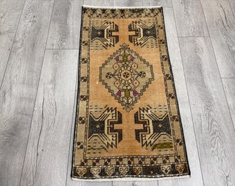 Vintage Oushak Wool Rug, Orange Brown Small Carpet (1.6x3.2 ft)