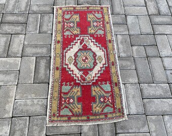 Pastel rug, Bath rug, Doormat, Turkish rug, Vintage rug, Wool Oushak rug, Boho rug, Neutral rug, Red Yellow rug, 1.5 x 3.1 ft = 47 x 94 cm