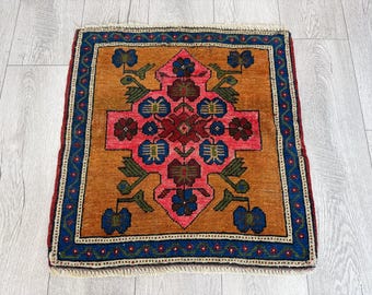 Alfombra naranja de 2x2, alfombra cuadrada de 2x2, alfombra vintage de 2x2, alfombra pequeña de 2x2, alfombra turca de 2x2, alfombra Oushak de 2x2, alfombra decorativa de pared de 2x2, alfombra boho de 2x2 (61x64 cm)