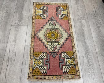 Vintage Turkish Wool Rug, Pink Yellow Oriental Boho Doormat (1.6 x 3.2 ft)