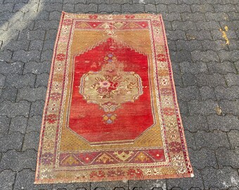 90 Years old rug, Pastel rug, Faded rug, Turkish rug, Vintage rug, Neutral rug, Wool Oushak rug, Orange Runner rug, 2.9 x 4.3 ft = 90x132 cm