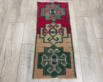 Vintage Turkish Oushak Wool Rug, Brown Boho Kitchen Rug (1.2x2.8 ft)