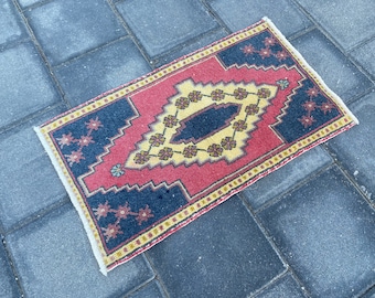 Doormat, Turkish rug, Oushak rug, Soft rug, Bath rug, Wool Vintage rug, Boho rug, Handmade rug, Red Yellow rug, 1.6 x 2.7 ft = 49 x 84 cm