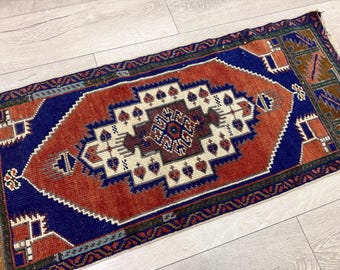Alfombra vintage, Alfombra oushak pequeña, Felpudo, Alfombra turca, Alfombra oriental, Alfombra hecha a mano, Alfombra bohemia, Alfombra rosa y azul, Alfombra de lana, 45 x 11,1 m