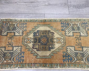 Unique rug, Orange small rug, Vintage rug, Doormat rug, Turkish rug, Antique rug, Wool rug, Bohemian rug, Kitchen rug, Boho rug, 1.5x3.0 ft