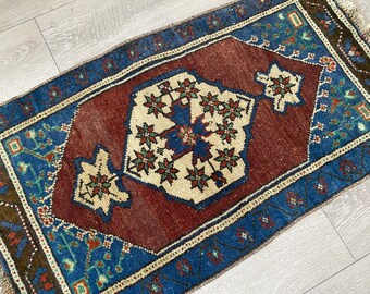 Colorful rug, Small rug, Turkish rug, Doormat, Vintage rug, Floral rug, Wool rug, Boho rug, Handmade rug, Bath mat, 1.6 x 2.8 ft = 50x85 cm