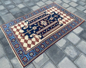 4.2 x 6.4 ft, Unique rug, Blue rug, Turkish rug, Vintage rug, Wool rug, Area rug, White rug, Bedroom rug, Boho rug, Handmade rug, Home Decor