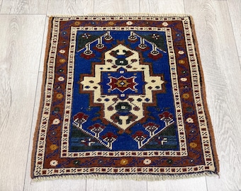Alfombra cuadrada azul de 2,0 x 2,0 pies, alfombra pequeña vintage, alfombra turca, decoración de pared.