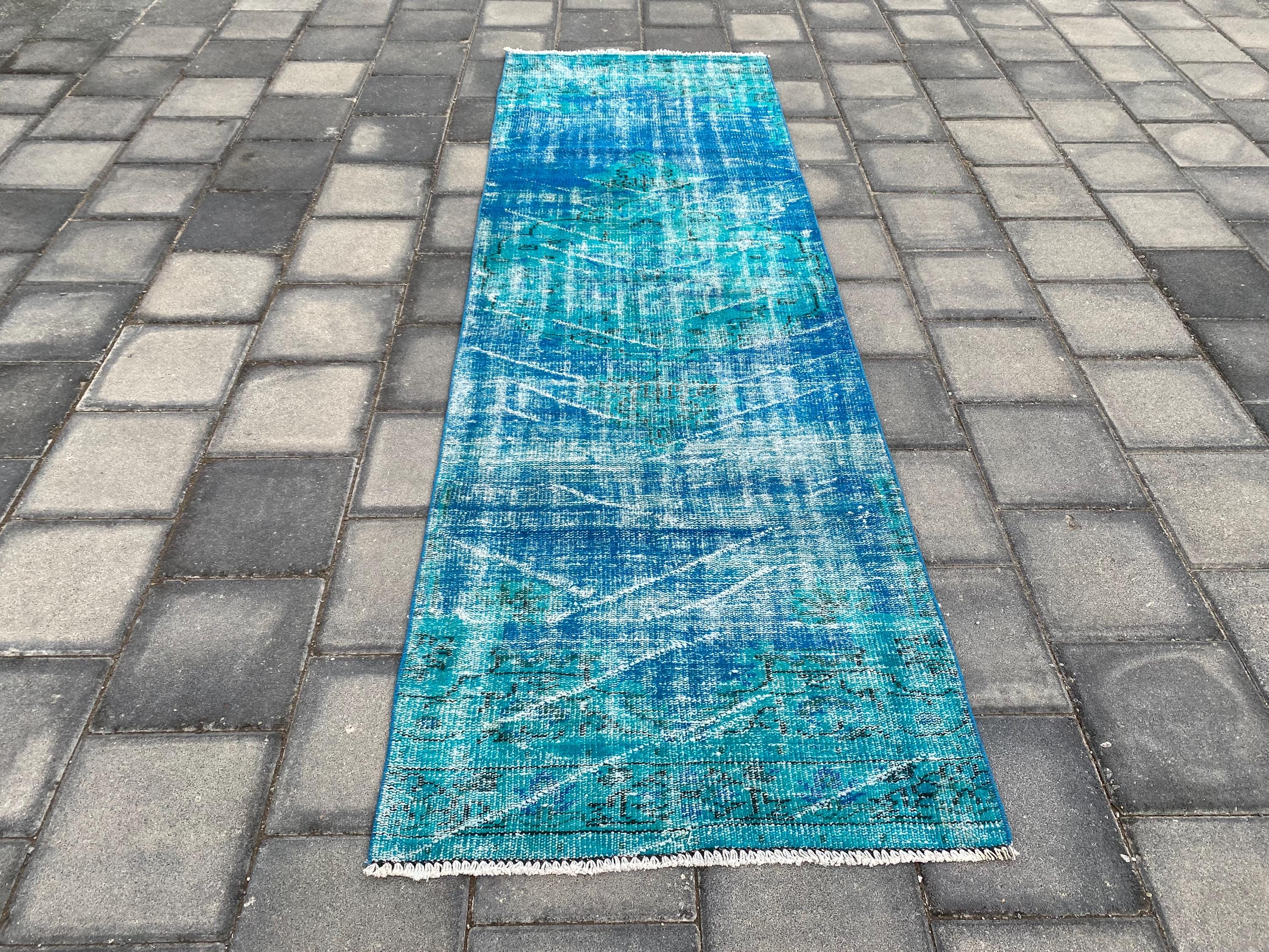Vintage Turkish Runner Rug 2.9x9.2 Ft, Turquoise Blue Oushak Rug