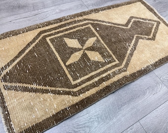 Turkish small rug, Vintage rug, Brown wool rug, Doormat rug, Bath rug, Handmade rug, Bohemian rug, Organic rug, Boho decor rug, 2.1 x 4.1 ft