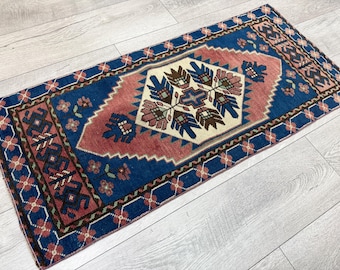 1.6x3.5 ft, Pink and blue rug, Turkish rug, Small rug, Vintage rug, Oushak wool rug, Doormat, Kitchen rug, Bohemian rug, Boho decor rug
