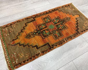 1.6 x 3.5 ft, Orange small rug, Vintage turkish rug, Doormat, Carpet