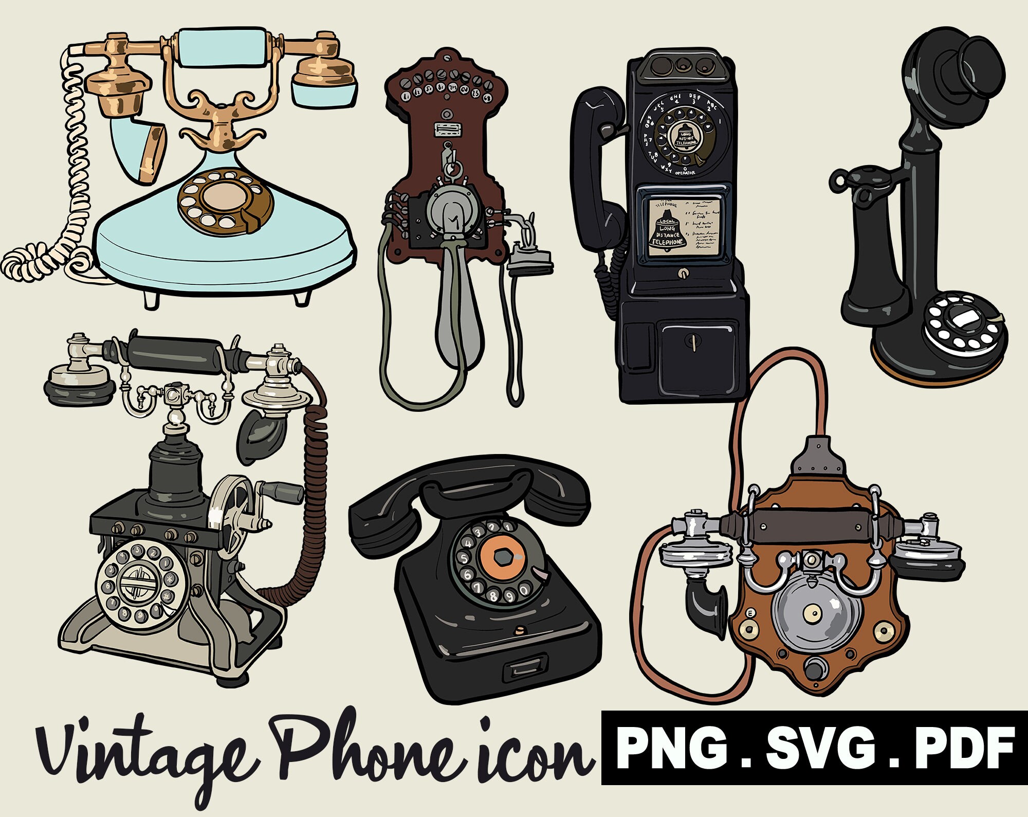Vintage Phone, Classic Telephone, Payphone Designs SVG PNG PDF, Clipart, Personal and Commercial ...
