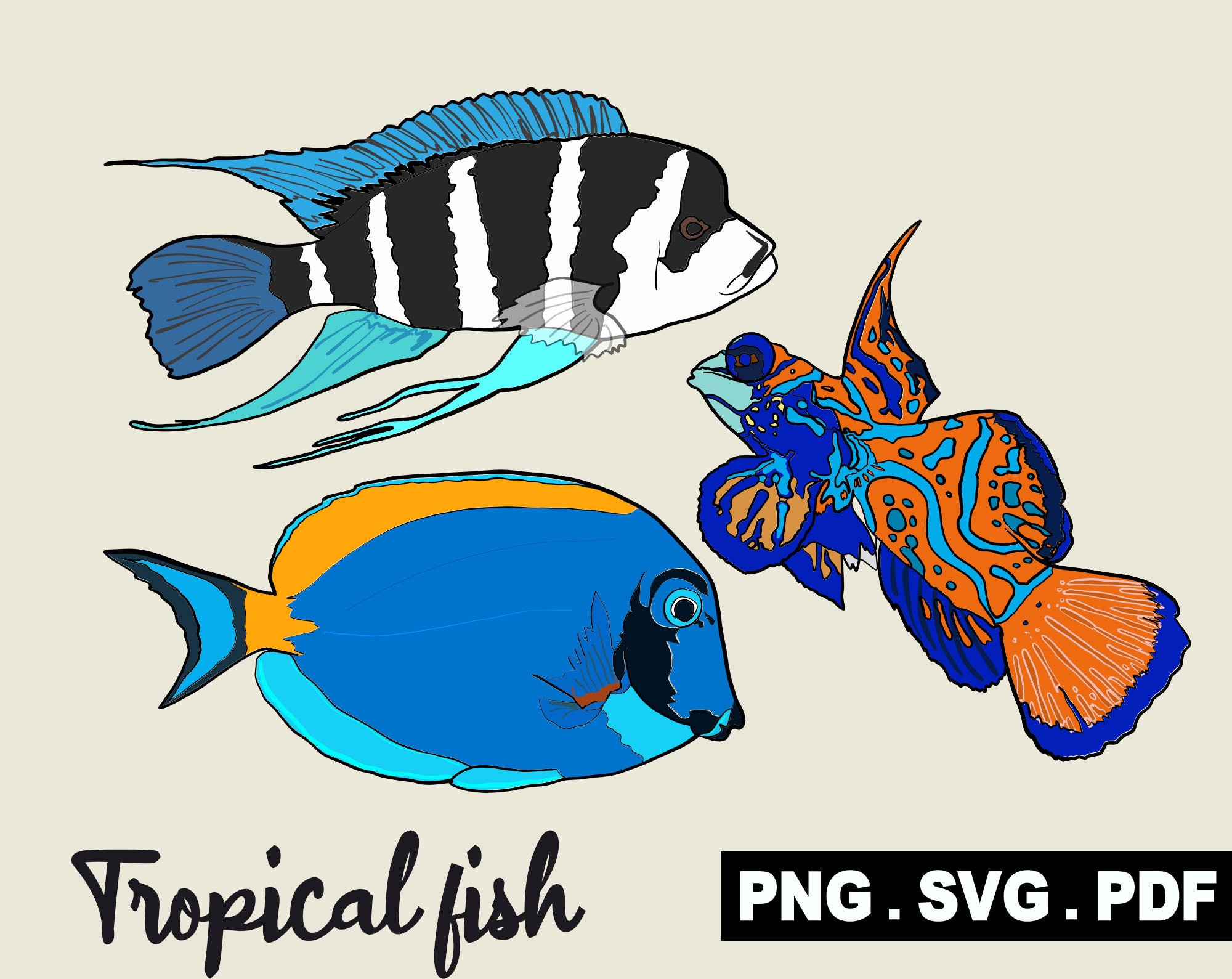 Tropical Fish Designs SVG PNG PDF, Clipart, Personal and Commercial Use
