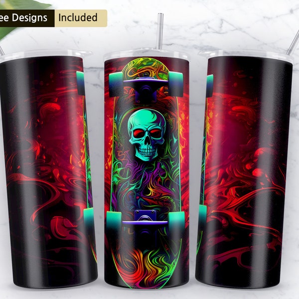 neon color skull on a skateboard 20 oz Skinny Tumbler Sublimation Design, Instant Digital Download PNG, Straight & Tapered Tumbler Wrap PNG