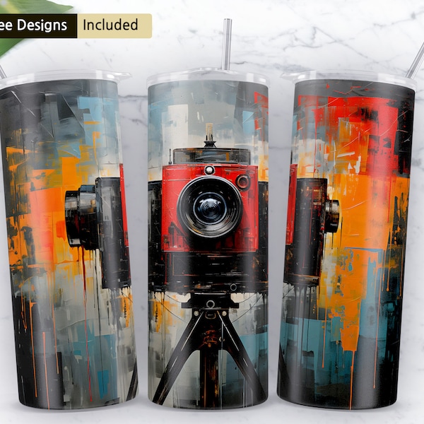 old camera with paint 20 oz Skinny Tumbler Sublimation Design, Instant Digital Download PNG, Tumbler Wrap PNG