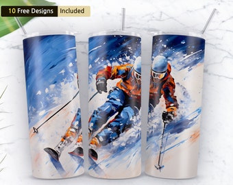 downhill skier 20 oz Skinny Tumbler Sublimation Design, Instant Digital Download PNG, Tumbler Wrap PNG