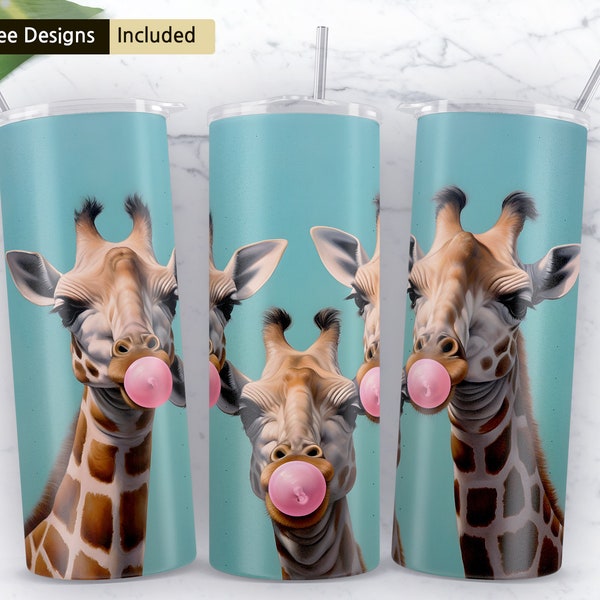 Giraffes blowing bubble gum 20 oz Skinny Tumbler Sublimation Design, Instant Digital Download PNG, Straight & Tapered Tumbler Wrap PNG