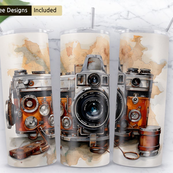 antique camera and world map 20 oz Skinny Tumbler Sublimation Design, Instant Digital Download PNG, Tumbler Wrap PNG