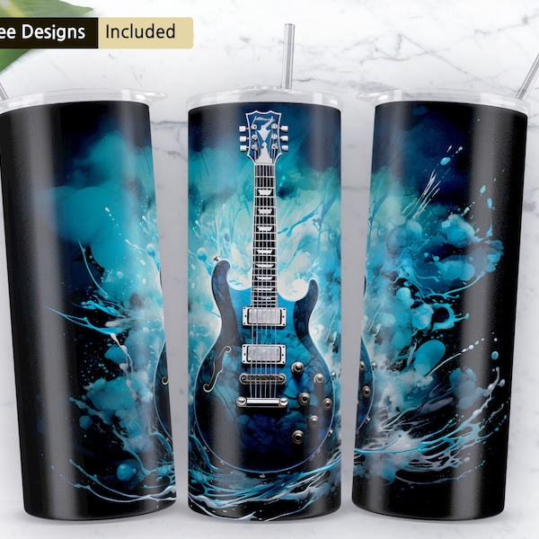 blue guitar 20 oz Skinny Tumbler Sublimation Design, Instant Digital Download PNG, Tumbler Wrap PNG